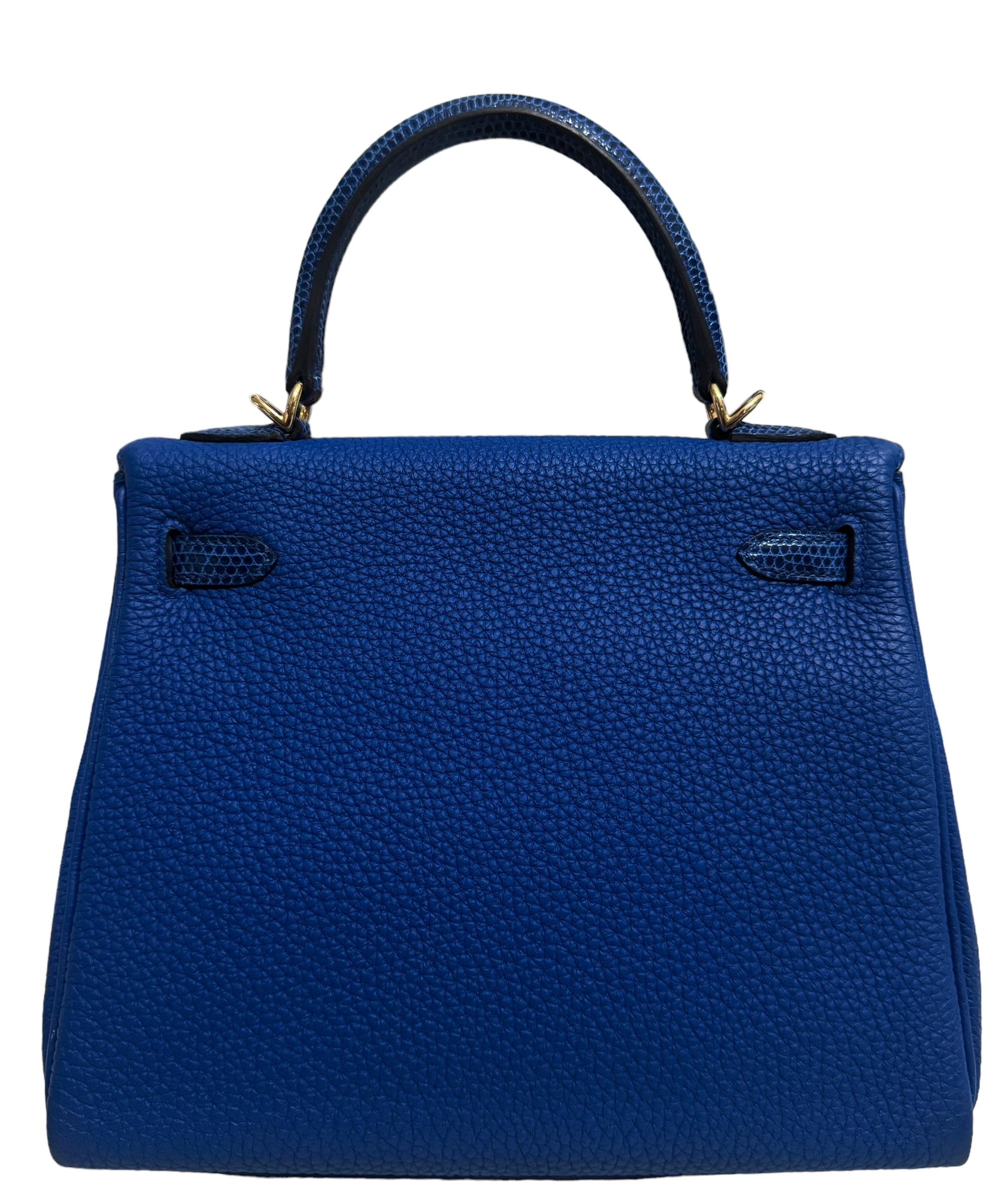 Women's or Men's Hermes Kelly 25 Touch Blue France Blue Sapphire Togo Lizard Permabrass Hardware