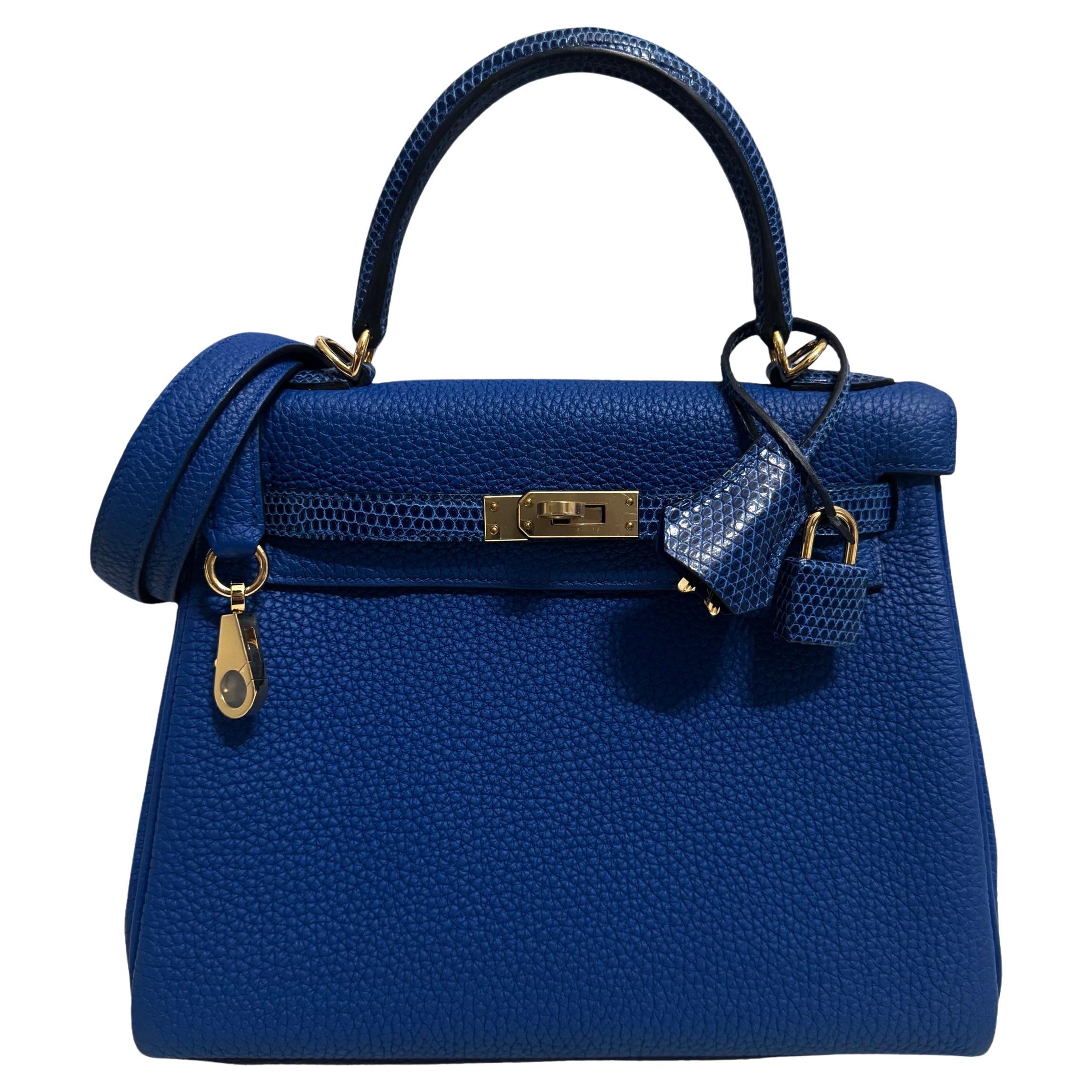 Hermes Kelly 25 Touch Blue France Blue Sapphire Togo Lizard Permabrass Hardware