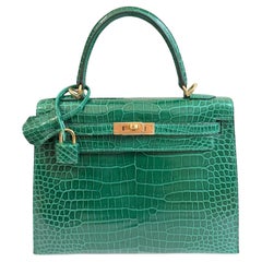 Hermes Kelly 25 Vert Emeraude Shiny Porosus Gold HW New Condition Complete Rec