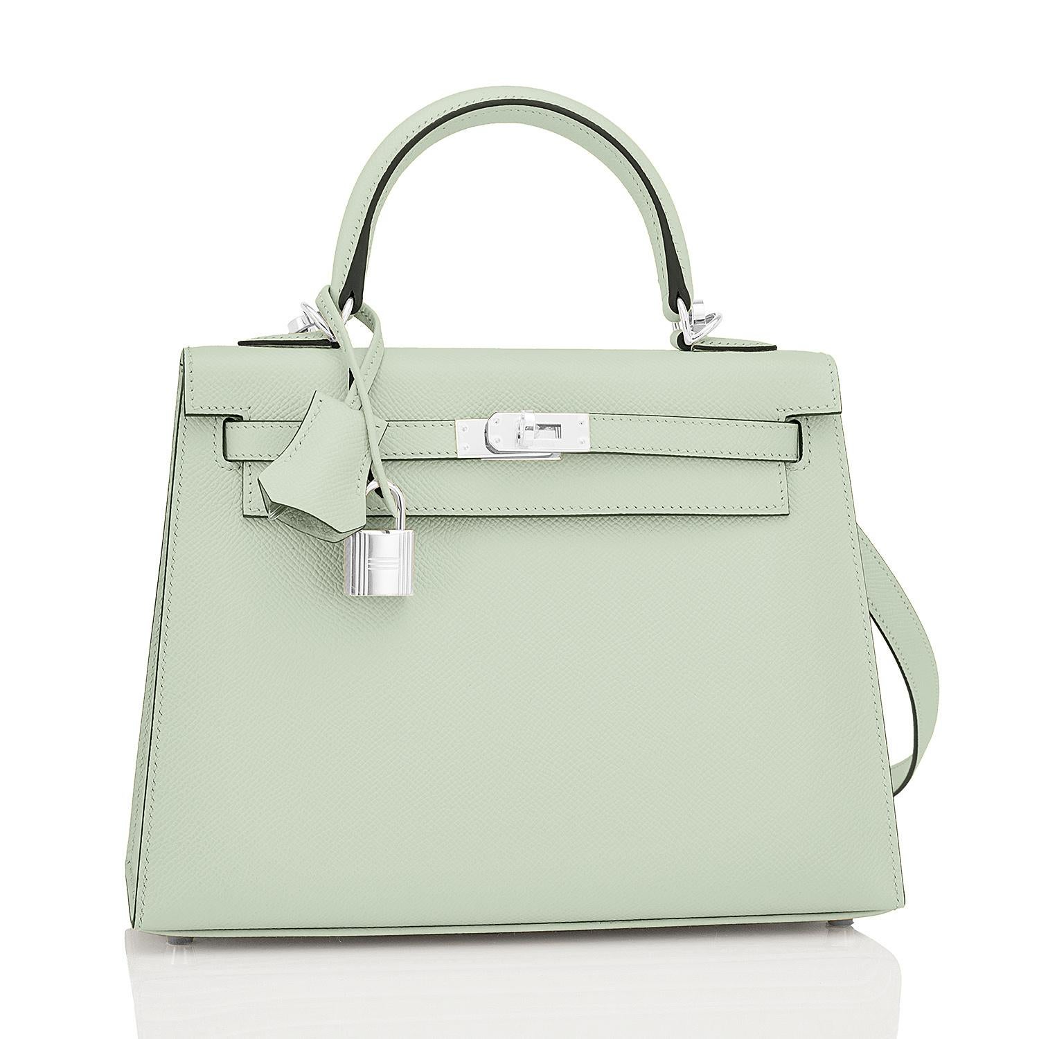 Hermes Kelly 25 Vert Fizz Sellier Epsom D'eau Shoulder Bag U Stamp, 2022
Absolutely and stunningly gorgeous new ethereal green! To die for in person!
Just purchased from Hermes store. Bag bears new interior 2022 U stamp.
Brand New in Box. Store