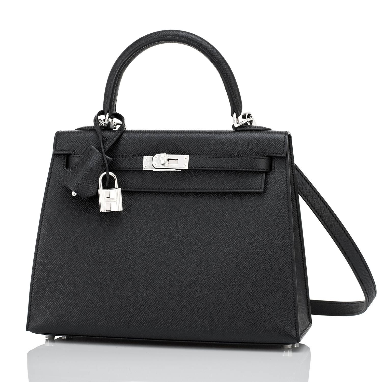 Uber Chic Hermes Jet Black 25cm Kelly Epsom Sellier Palladium Y Stamp, 2020
Don't miss this- the only Y Stamp Black Kelly 25 with Palladium in the market right now!
Brand New in Box. Store Fresh. Pristine Condition (with plastic on hardware).
Just
