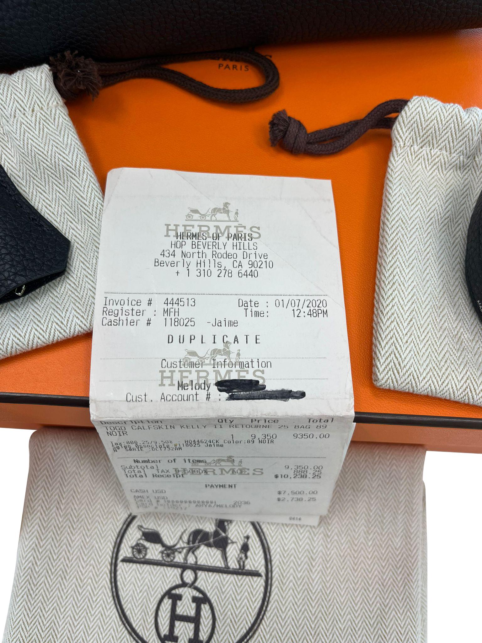 Hermes Kelly 25cm Black Togo Leather Handbag with Silver Hardware Engraved For Sale 14