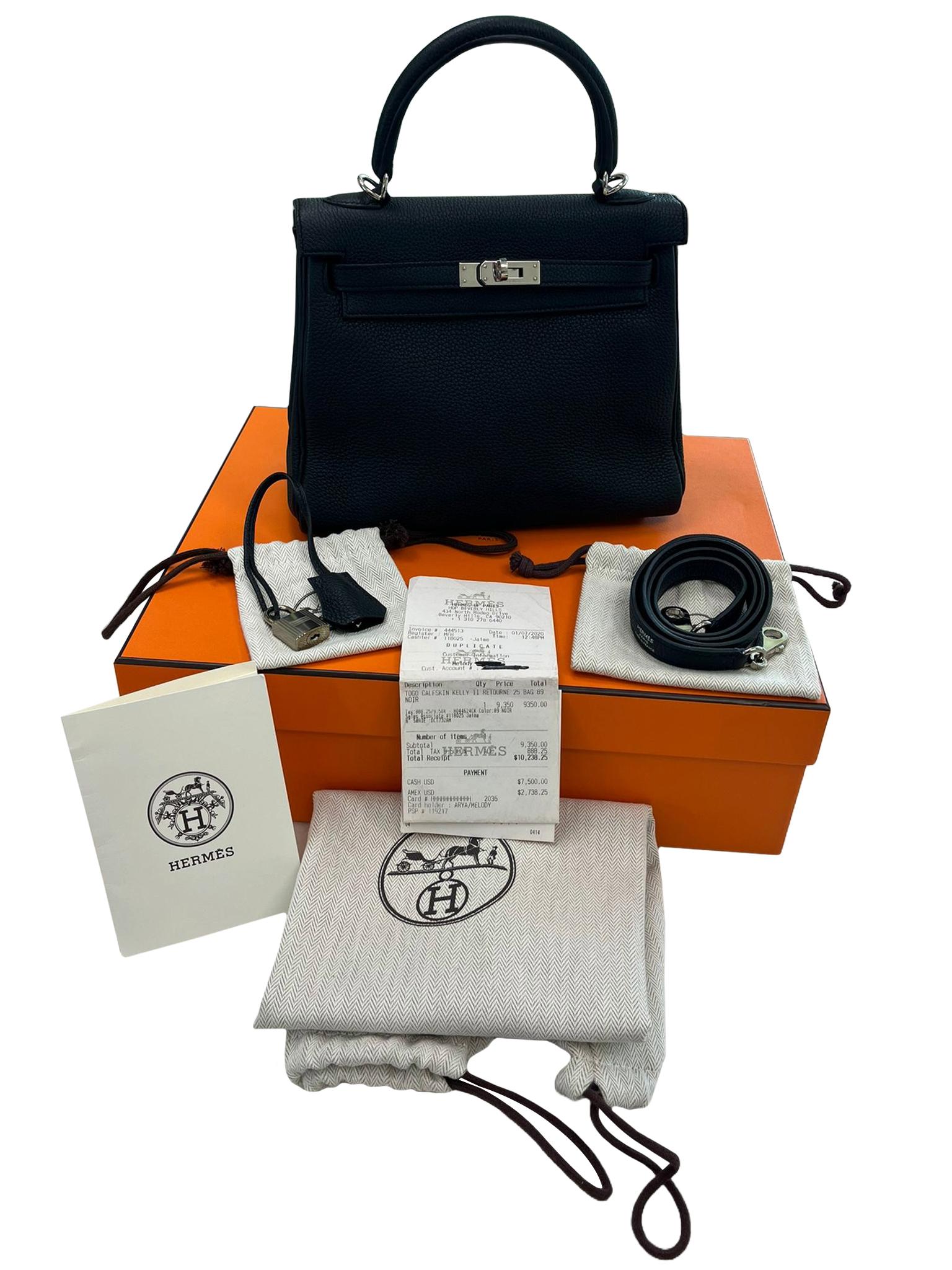 Indulge in timeless elegance with this authentic Hermès Kelly 25 handbag, a symbol of sophistication and luxury. Crafted from premium black Togo leather, this masterpiece combines impeccable craftsmanship with practical design, making it a must-have
