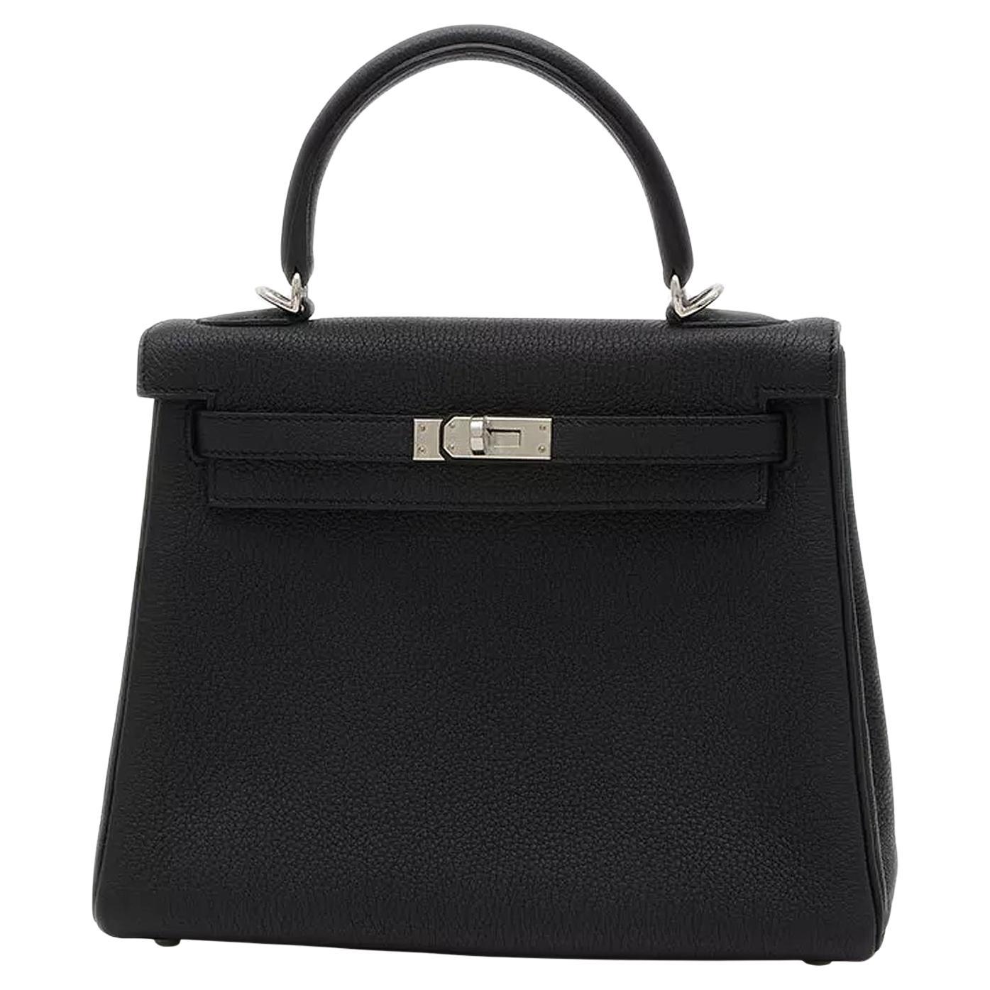 Hermes Kelly 25cm Black Togo Leather Handbag with Silver Hardware Engraved