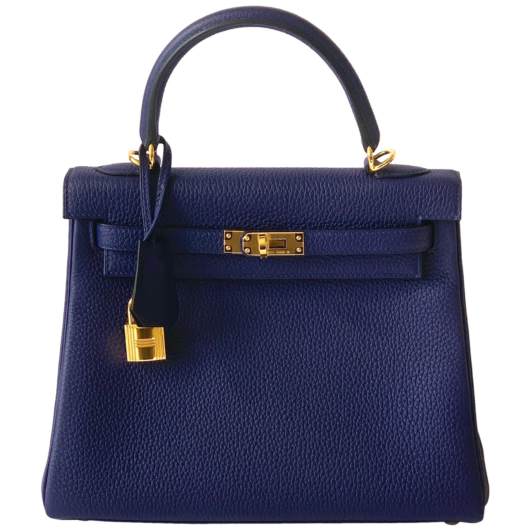 Hermes Kelly 25cm Blue Encre Togo Bag  Gold Hardware