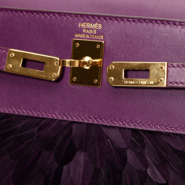 Hermès Kelly 25cm Custom Violet Feather Design Tadelakt Leather Gold ...