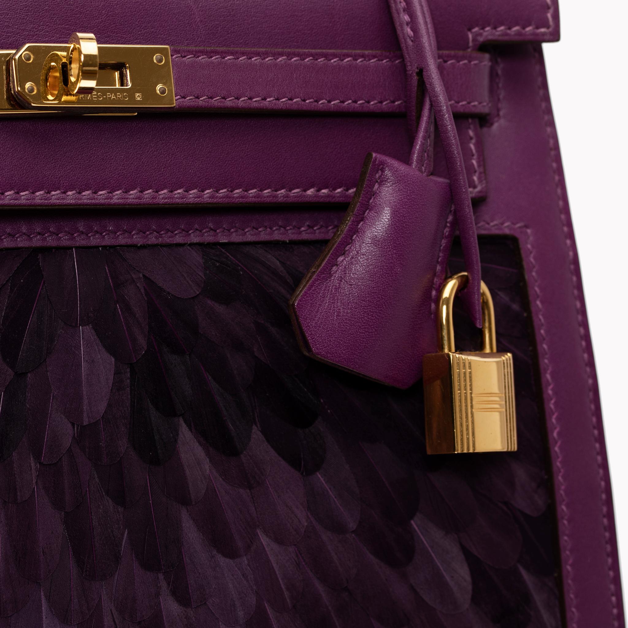 Hermès Kelly 25cm Custom Violet Feather Design Tadelakt Leather Gold ...