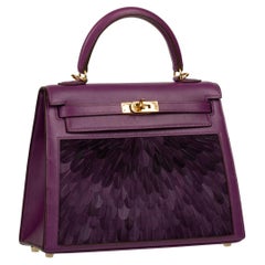 Hermès Kelly 25cm Custom Violet Feather Design Tadelakt Leather Gold Hardware