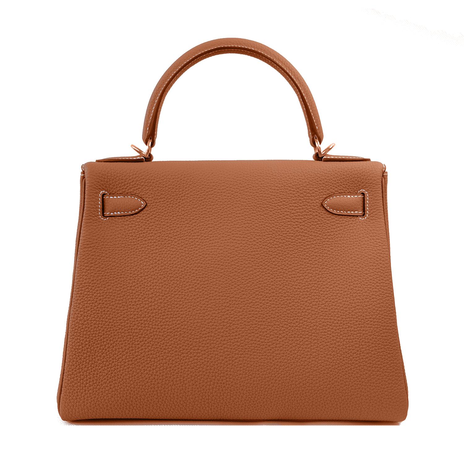 Hermes Gold Camel Tan 25cm Mini Kelly Bag Togo Retourne Gold Togo Y Stamp, 2020
Brand New in Box. Store Fresh. Pristine Condition (with plastic on hardware)
Just purchased from Hermes store; bag bears new 2020 interior Y Stamp.
Comes full set with