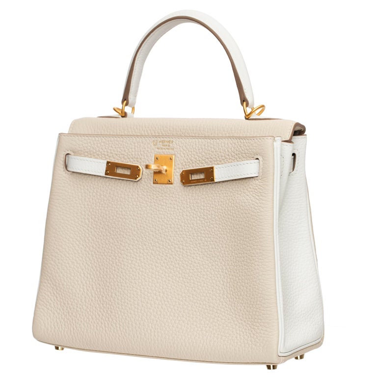Hermes Kelly 25cm "Special Order" Craie and White Clemence Leather Gold