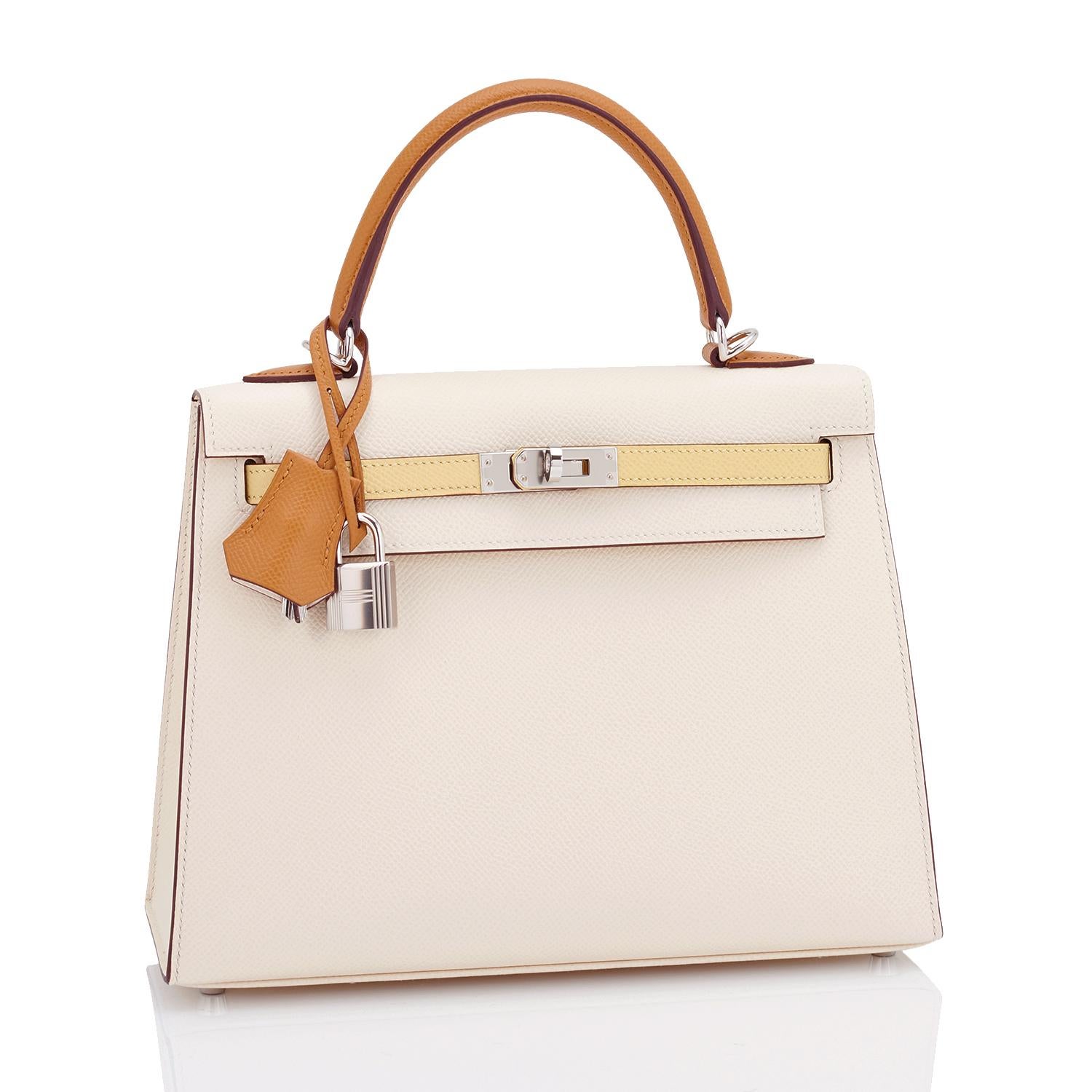 Hermes Kelly 25cm Tri-Color Nata Sesame Jaune Poussin VIP Limited Z Stamp, 2021
Just purchased from Hermes store; bag bears new interior 2021 Z Stamp.
Brand New in Box. Store Fresh. Pristine Condition (with plastic on hardware).
Perfect gift! Comes