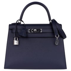 Hermes Kelly 28 Bag Blue Indigo Sellier Epsom Palladium Hardware New/Box