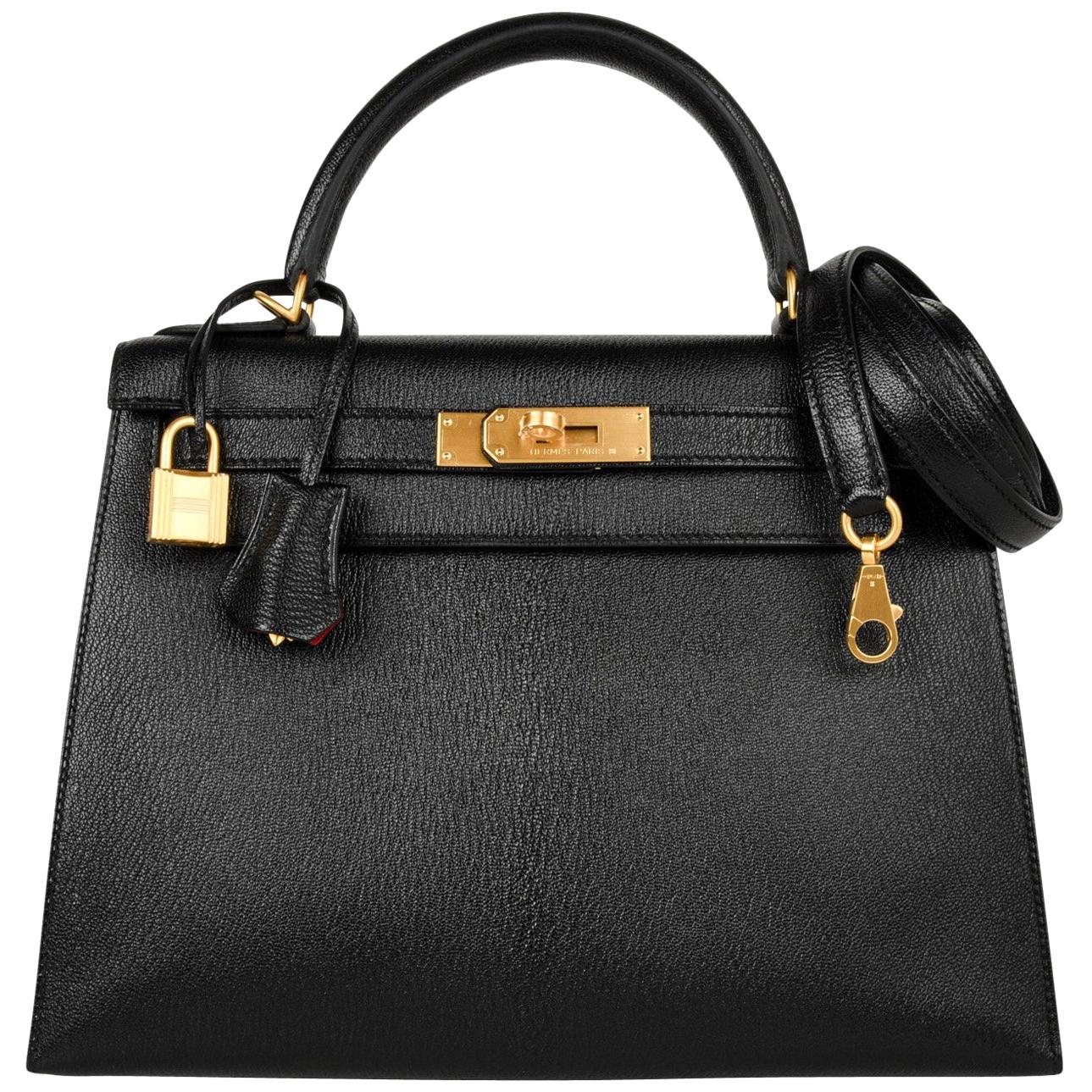 Hermes Kelly 28 Bag HSS Sellier Black/Vermillion Interior Chevre Brushed Gold 