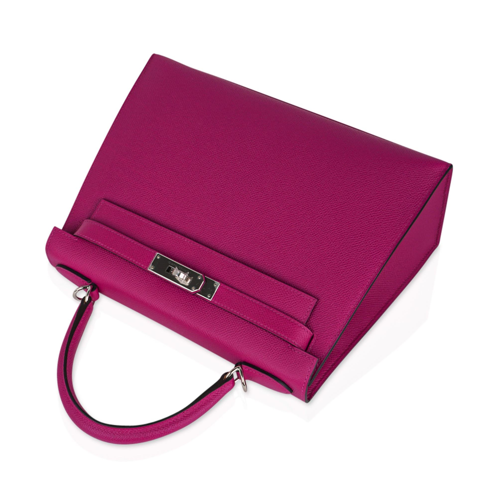 Purple Hermes Kelly 28 Bag Rose Pourpre Sellier Epsom Palladium Hardware For Sale