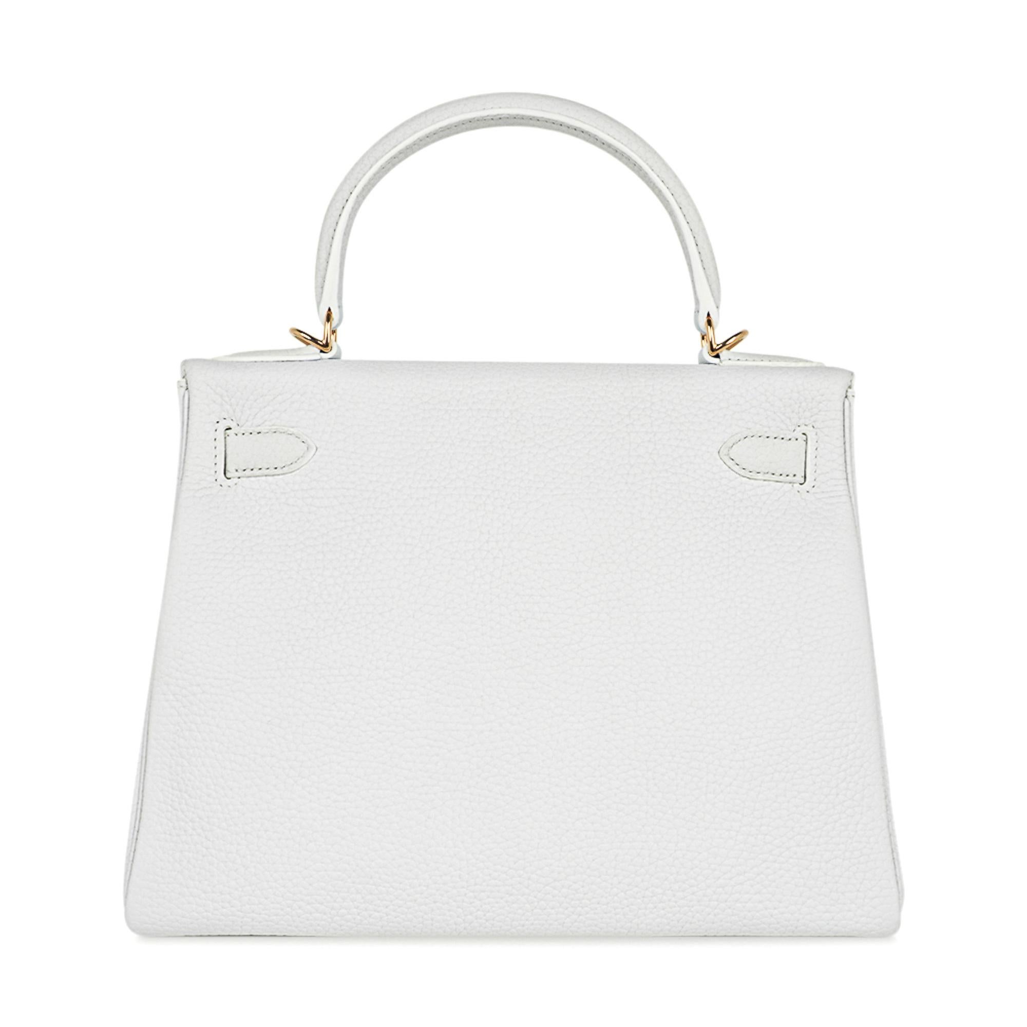 Women's Hermes Kelly 28 White Bag Gold Hardware Clemence Leather