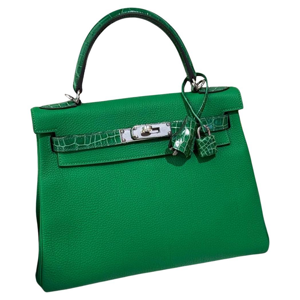 Hermes Kelly 28 Bamboo Touch Crocodile Togo bag For Sale