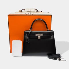 Hermès Kelly 28 Black Box Calf Leather Handbag with Palladium Hardware