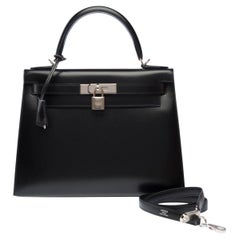 Hermès Kelly 28 Black Box Calf Leather Handbag with Palladium Hardware