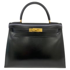 Hermes Kelly 28 Black Box Calf Sellier GHW Vintage