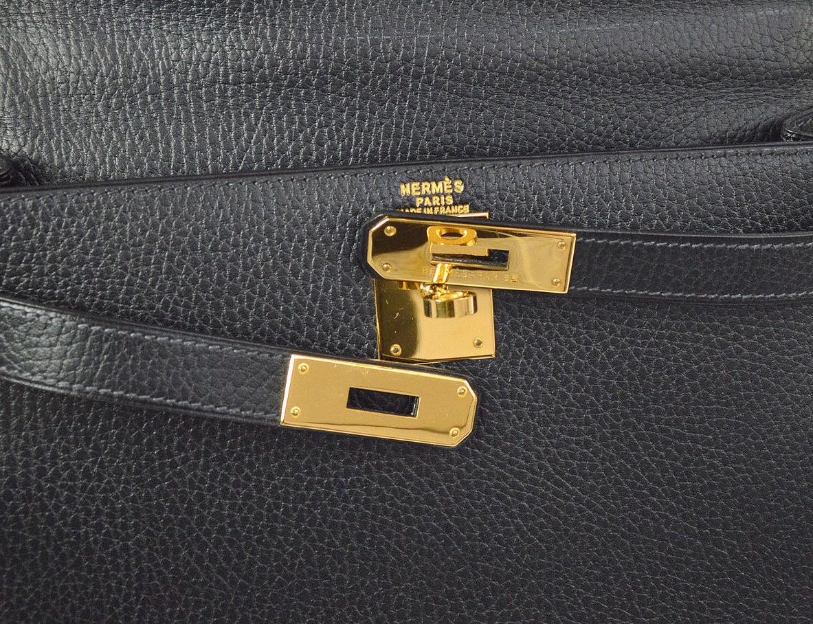 HERMES Kelly 28 Black Leather Gold Top Handle Satchel Tote Shoulder Bag in Box In Excellent Condition In Chicago, IL