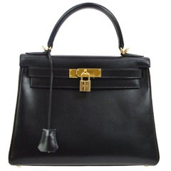 HERMES Kelly 28 Schwarze Mini-Gold Abend-Umhängetasche mit Griff in Box