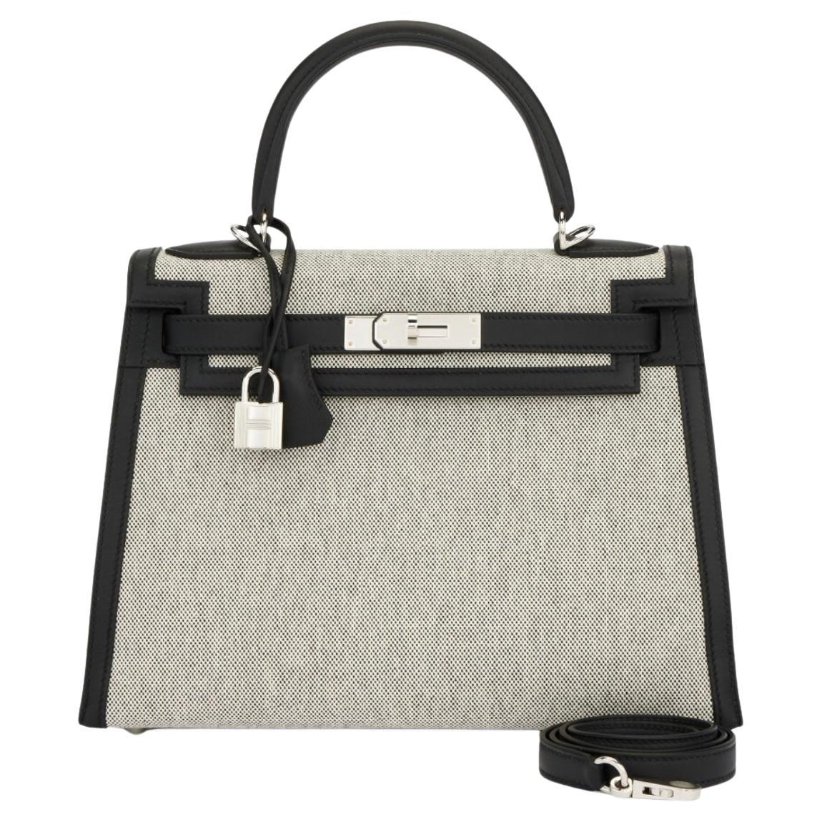 Hermes Kelly 28 Black swift and Toile palladium hardware bag For Sale
