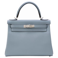 Hermès Kelly 28 Bleu Lin Evercolor Palladium Hardware
