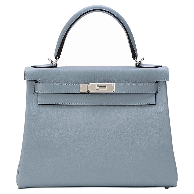 Hermès Kelly 28 Bleu Lin Evercolor Palladium Hardware For Sale at