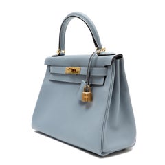 Hermes Kelly 28 Bleu Lin Retourne Epsom w/Gold Hardware