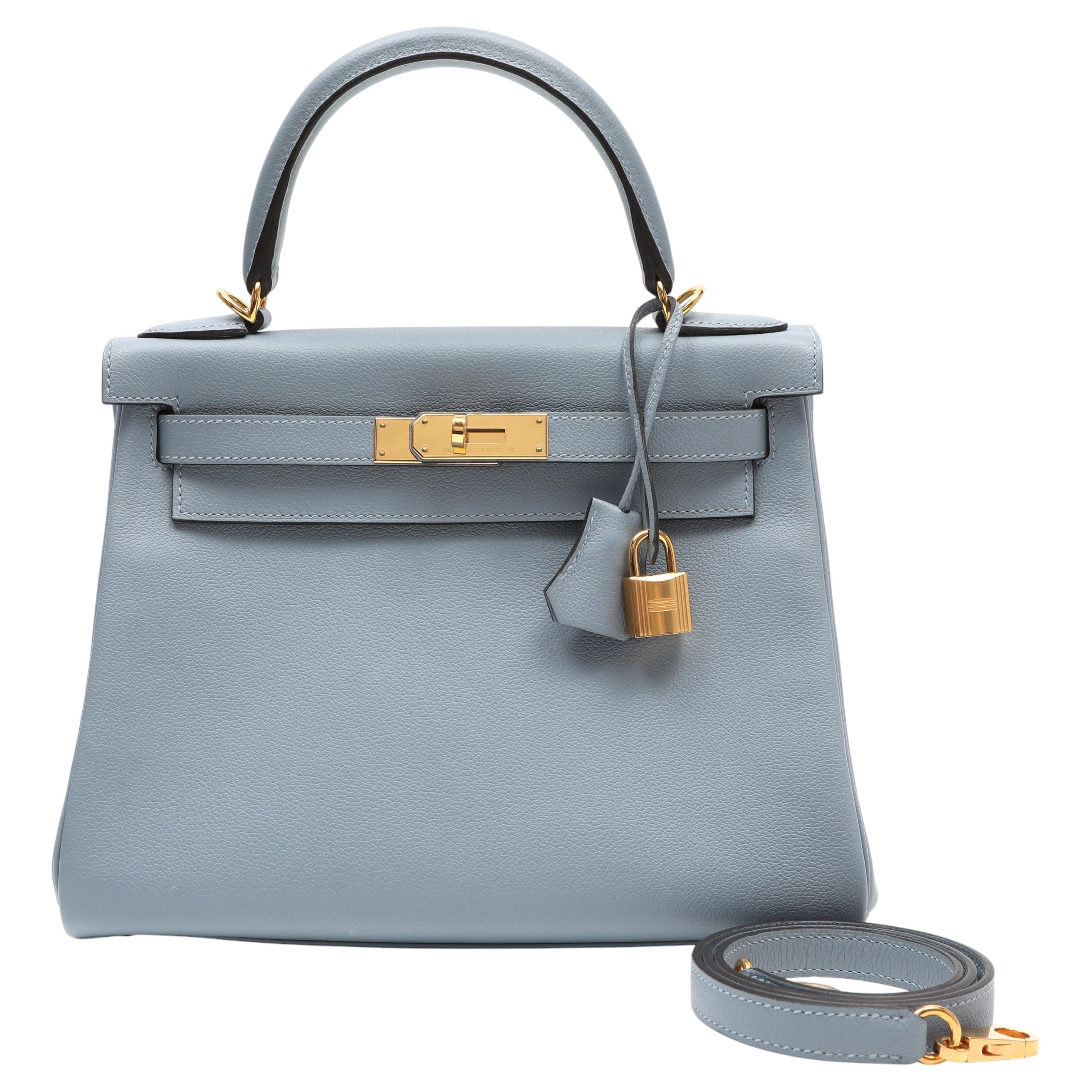 Hermes Kelly 28 Bleu Lin Retourne Epsom w/Gold Hardware