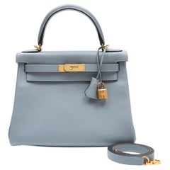 Hermes Kelly 28 Bleu Lin Retourne Epsom w/Gold Hardware