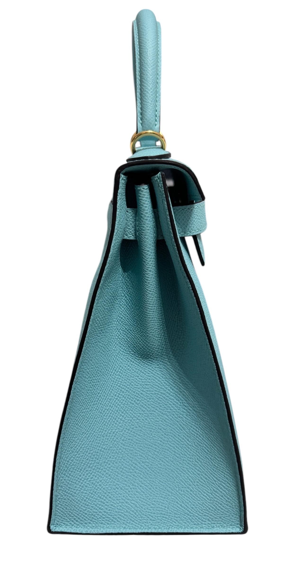 Hermes Kelly 28 Sellier Blue Atoll Epsom Leather complimented by Gold Hardware. 
As New with Plastic on all hardware and feet. 
2020 Y Stamp. 
Lux Addicts is a company based in Miami, Florida, specializing in the sale of Hermes handbags. Lux Addicts