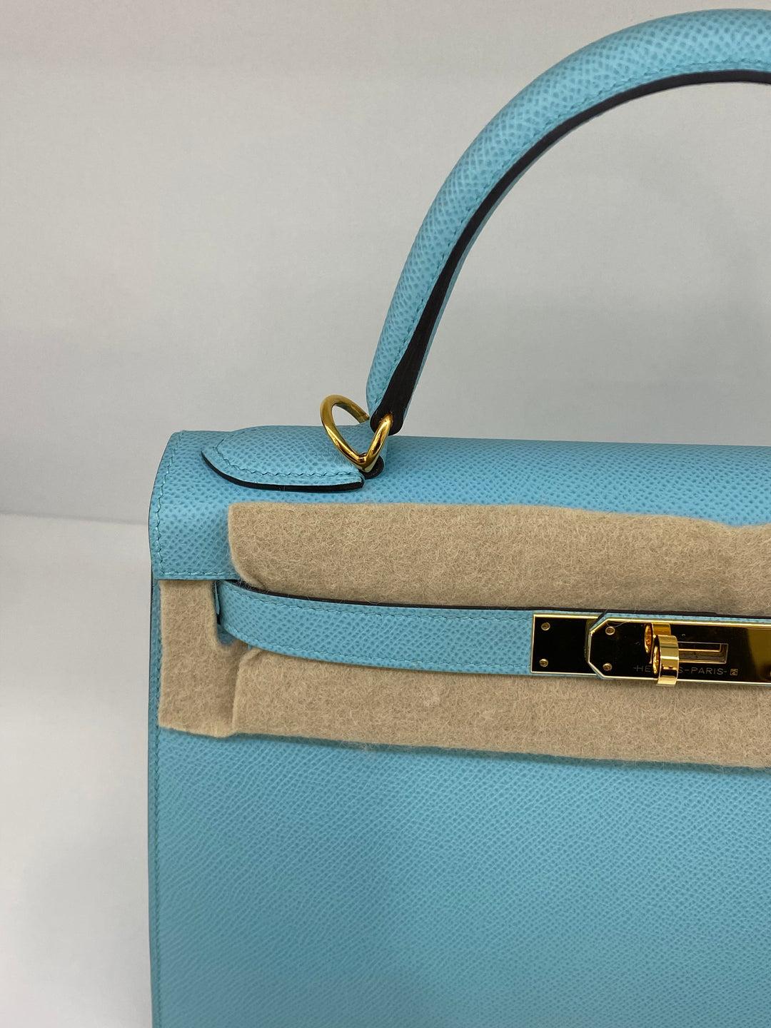 Hermes Kelly 28 Blue Atoll - Y Stamp GHW In Excellent Condition In Double Bay, AU