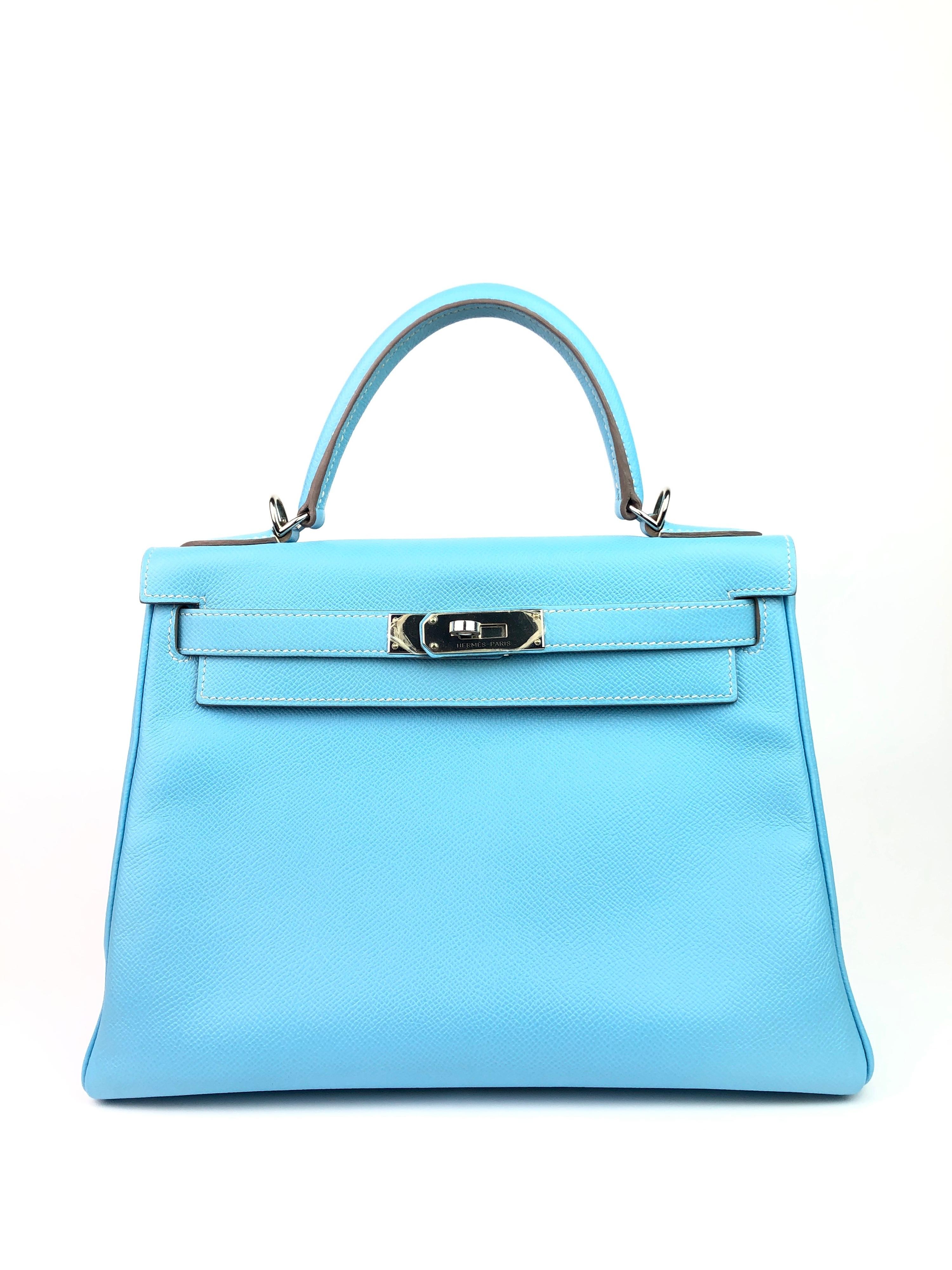 Hermes Kelly 28 Blue Celeste Mykonos Candy Collection Epsom Palladium Hardware . Excellent Condition With Plastic on Hardware. perfect corners and excellent structure. 

Shop with confidence from Lux Addicts. Authenticity guaranteed! 