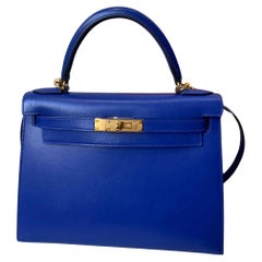 Hermes Kelly 28 Blue Electric gold hardware handbag