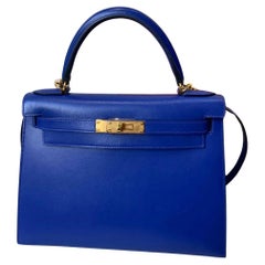 Borsa Hermes Kelly 28 Blu elettrico con finiture in oro