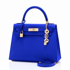 Hermes Kelly 28 Blue Electric Sellier Epsom Shoulder Bag Rare NEW