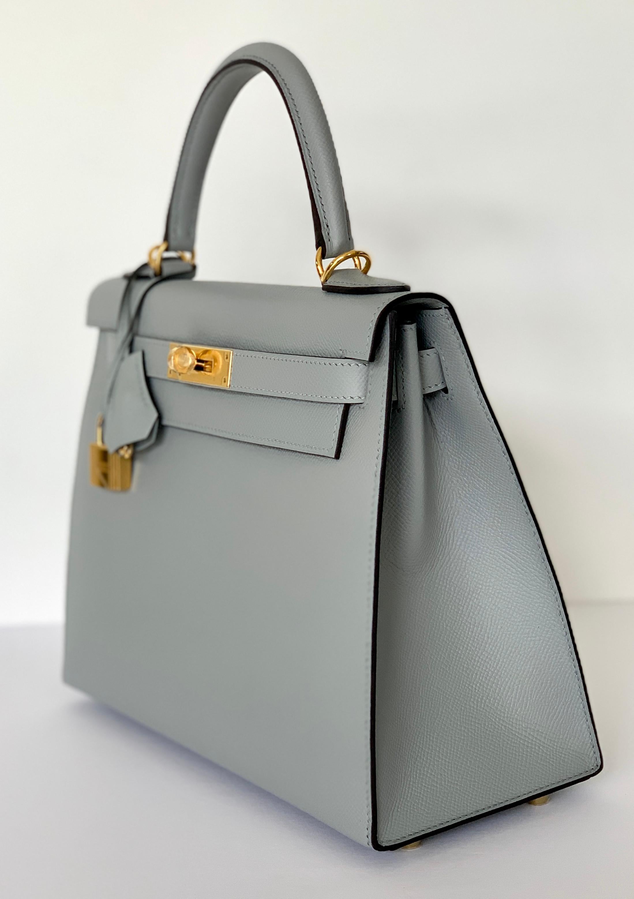 Gray Hermes Kelly 28 Blue Glacier Epsom Sellier Bag Gold Hardware