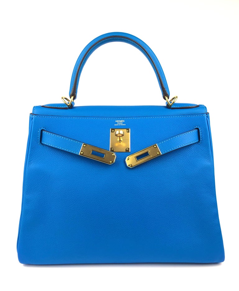 Hermes Kelly 28 Blue Hydra Evercolor Leather Gold Hardware at 1stDibs