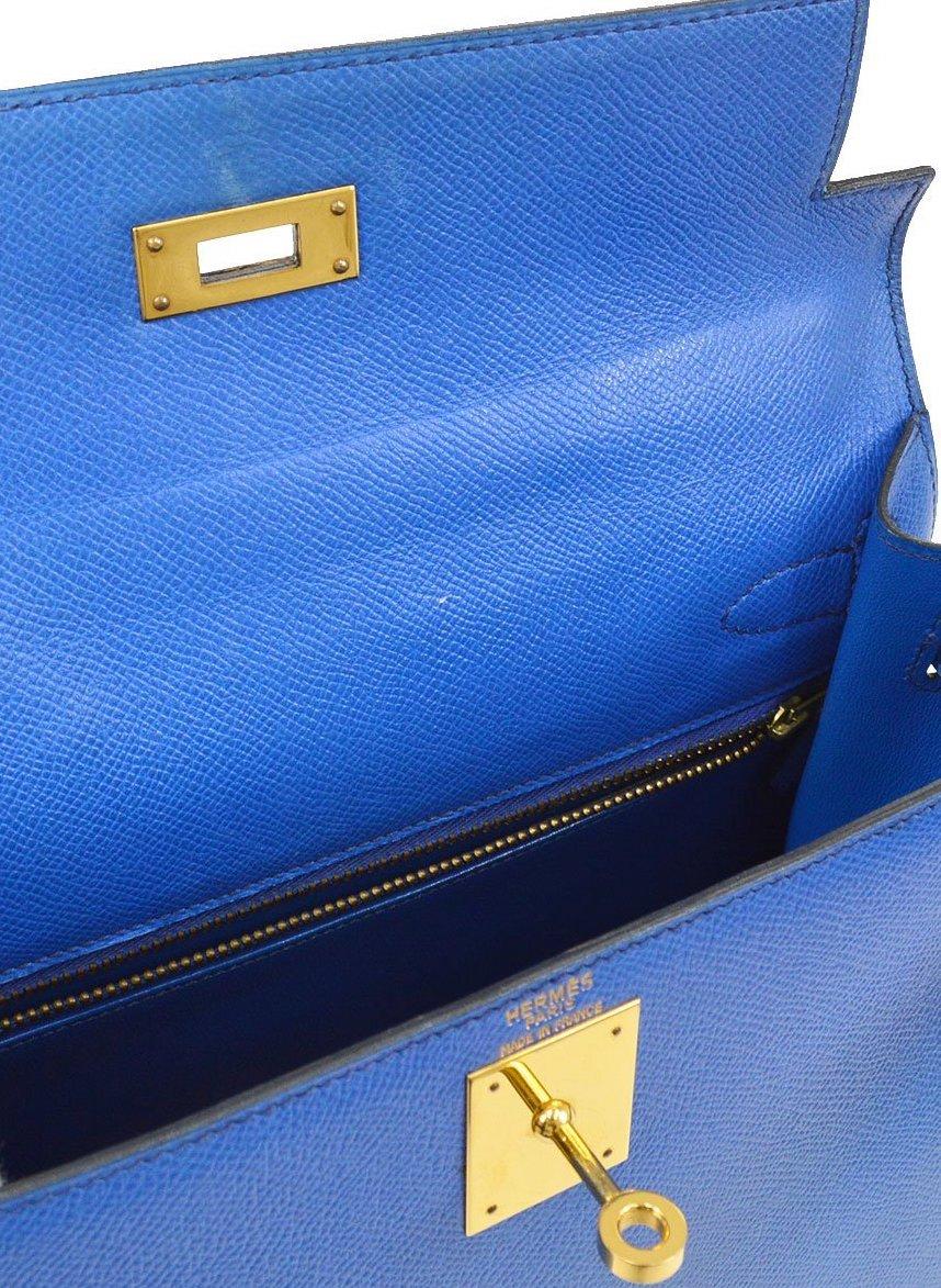 Hermes Kelly 28 Blue Leather Gold  Top Handle Satchel Tote Shoulder Bag  In Good Condition In Chicago, IL