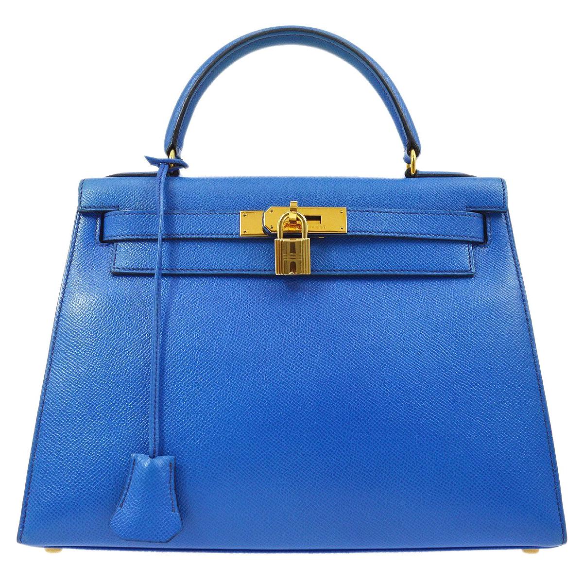 Hermes Kelly 28 Blue Leather Gold  Top Handle Satchel Tote Shoulder Bag 