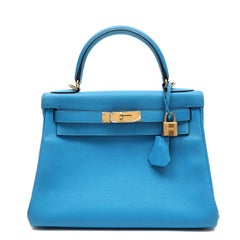 Hermes Kelly 28 Blue Zanzibar Togo Retourne w/Gold Hardware