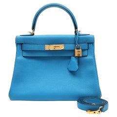 Hermes Kelly 28 Blue Zanzibar Togo Retourne w/Gold Hardware