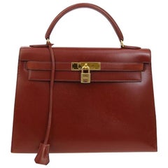 Hermes Kelly 28 Burgundy Wine Leather Gold Top Handle Satchel Shoulder Tote Bag