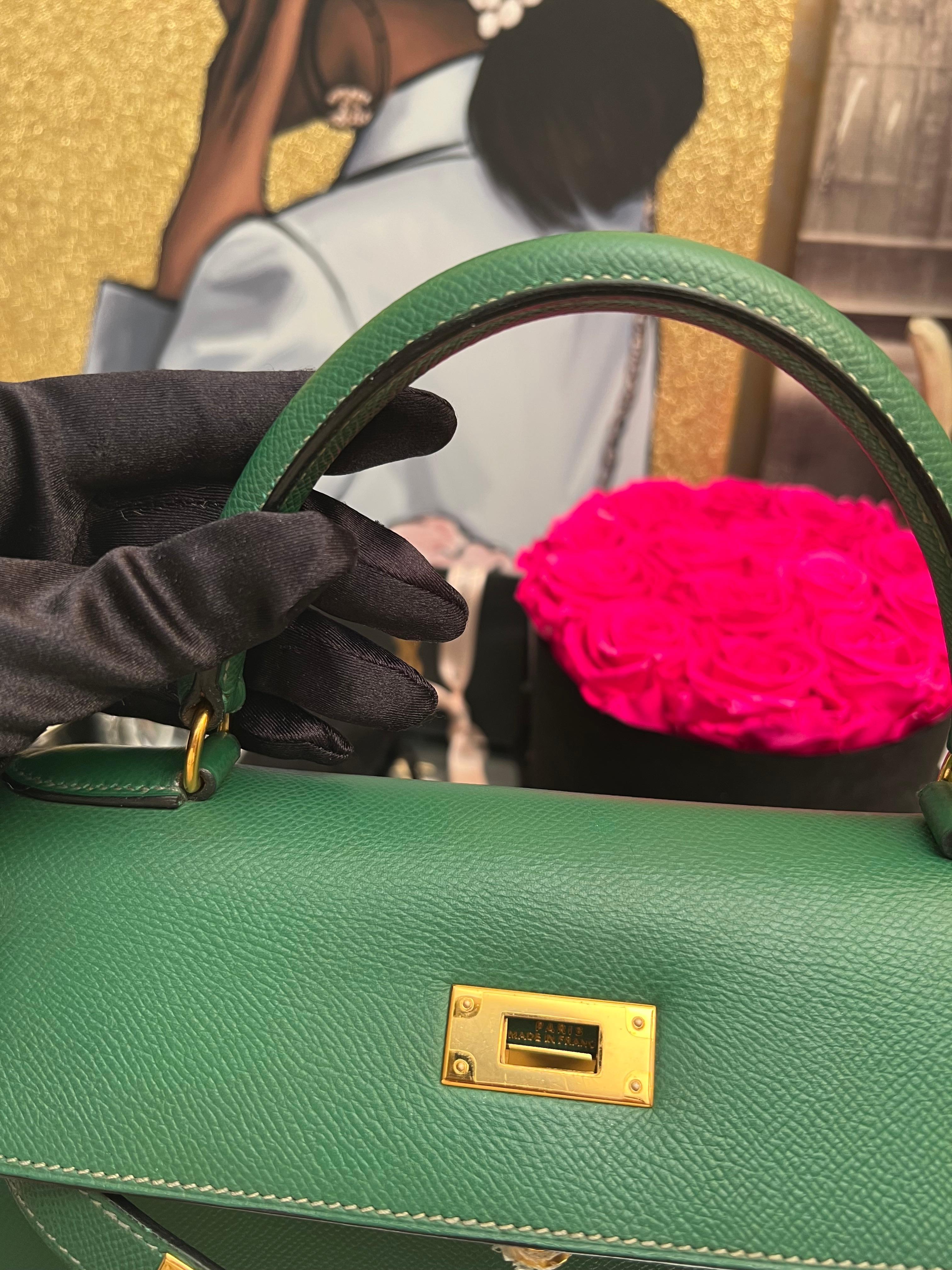 Hermes Kelly 28 Cactus Sellier Bag avec GHW en cuir d'Epsom  en vente 13