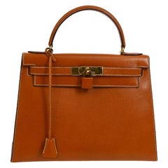 Hermes Kelly 28 Cognac Leather Gold Evening Top Handle Satchel Tote Bag
