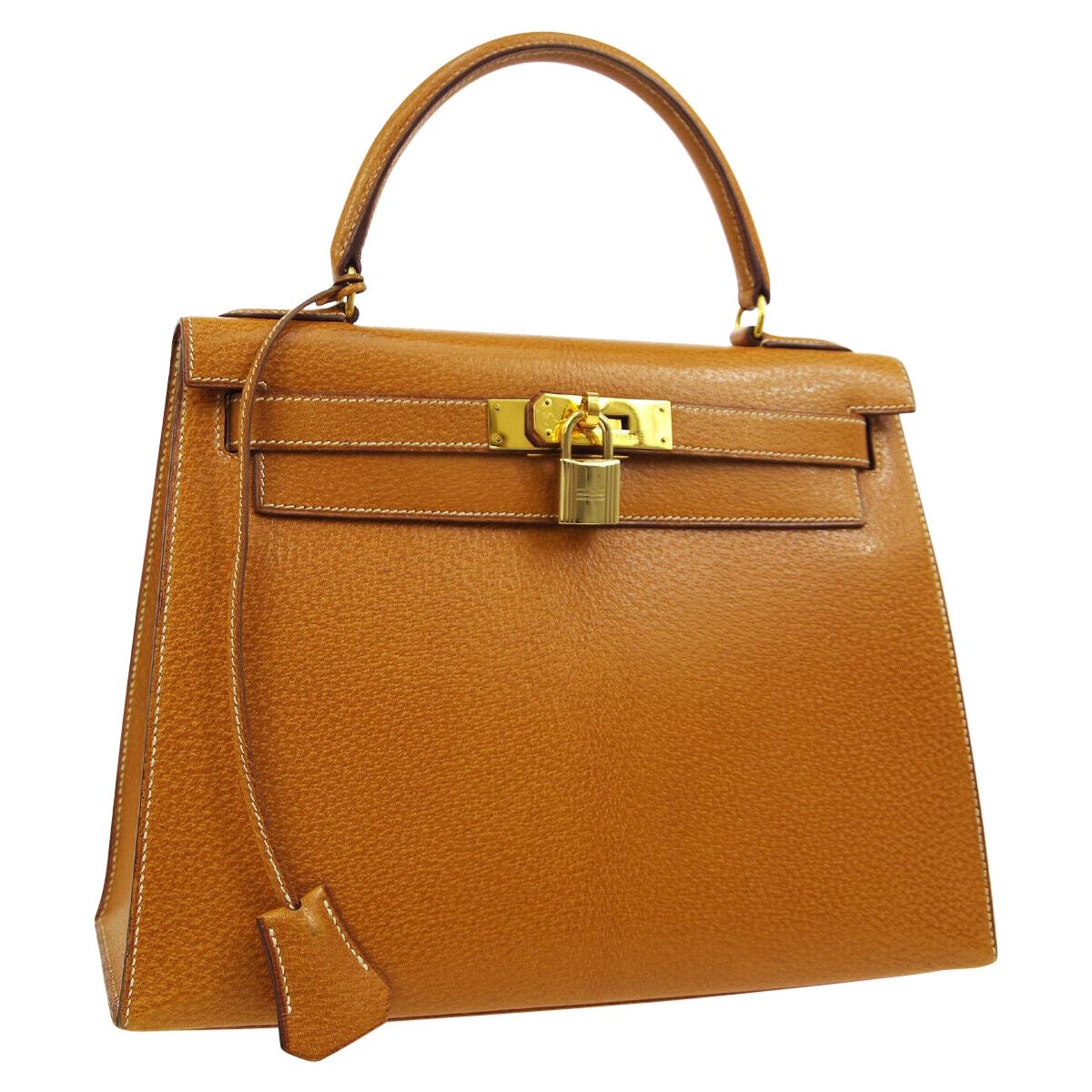 Hermes Kelly 28 Cognac Leather Gold Top Handle Tote Shoulder Bag