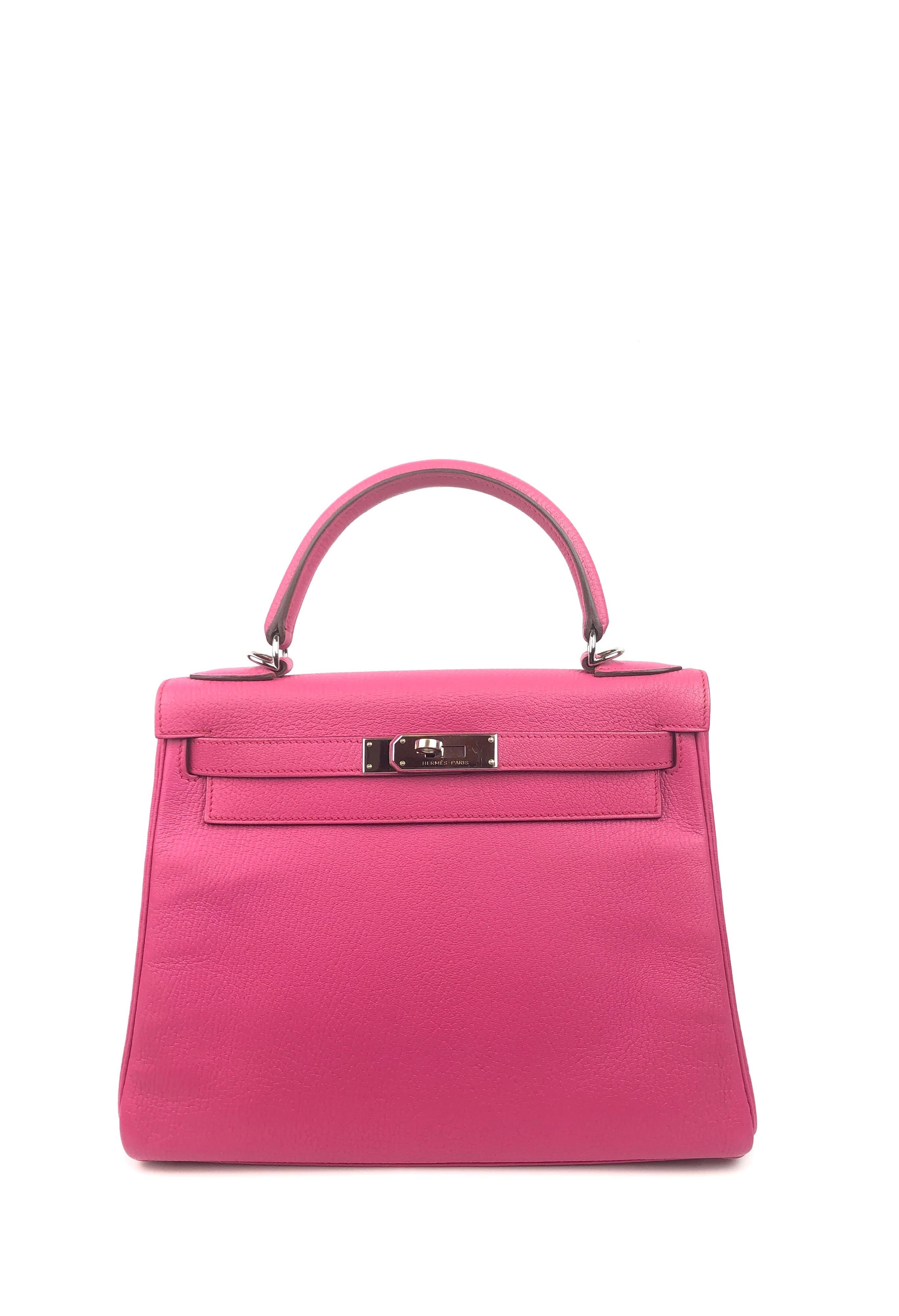 Hermes Kelly 28 Fuchsia Chevre Mysore Palladium Hardware. R stamp 2014. Excellent Condition with light hairlines on hardware, excellent corners and perfect structure. 

Shop with confidence from Lux Addicts. Authenticity Guaranteed! 
