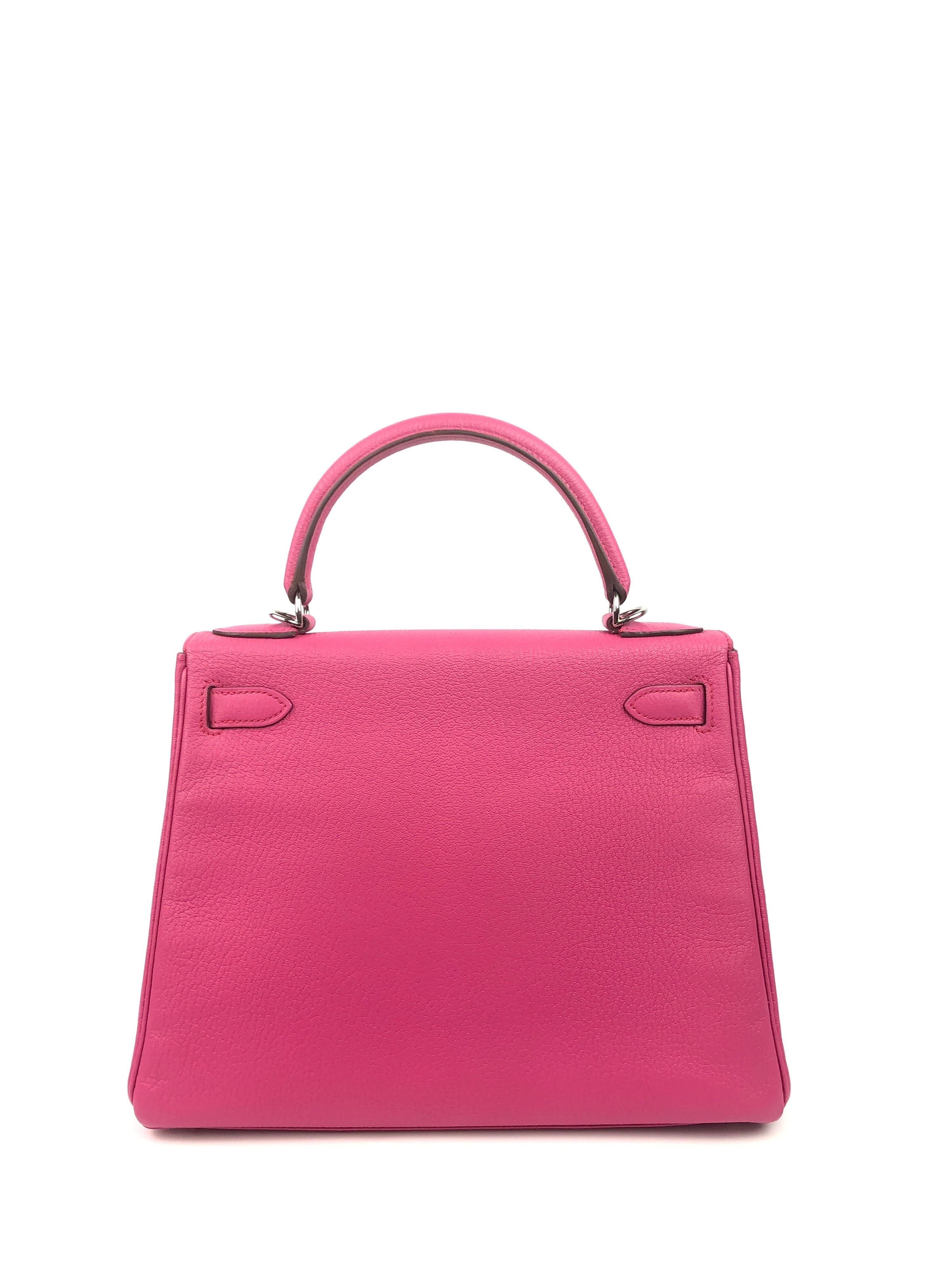 Pink Hermes Kelly 28 Fuchsia Chevre Mysore Palladium Hardware