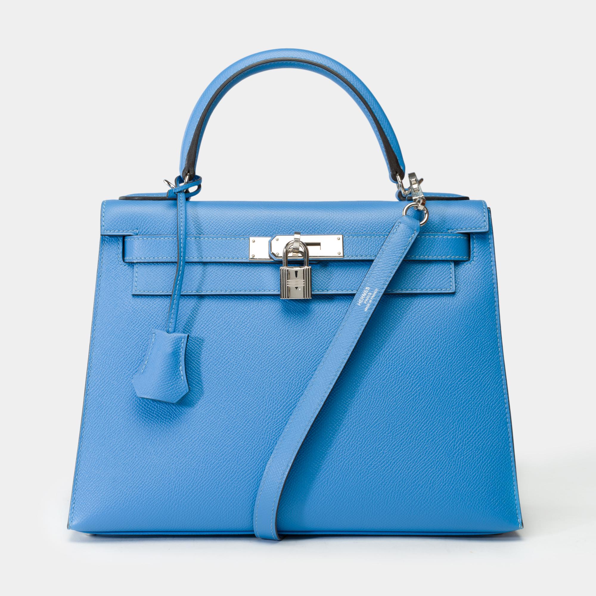 Lanière de sac à main Hermès Kelly 28 en cuir d'epsom Bleu Paradis, PHW Excellent état à Paris, IDF